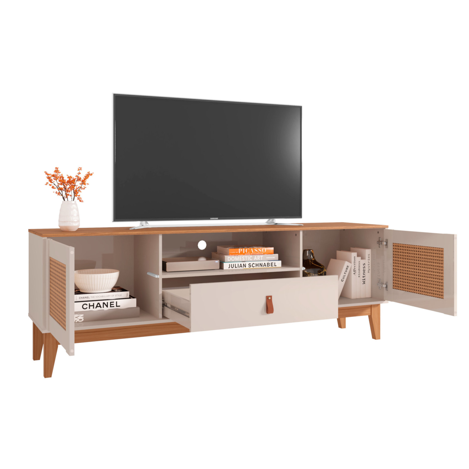Rack de Sala Para TVs 60 Pol. Pés de Madeira Adams Babus - Off White / Cedro TR