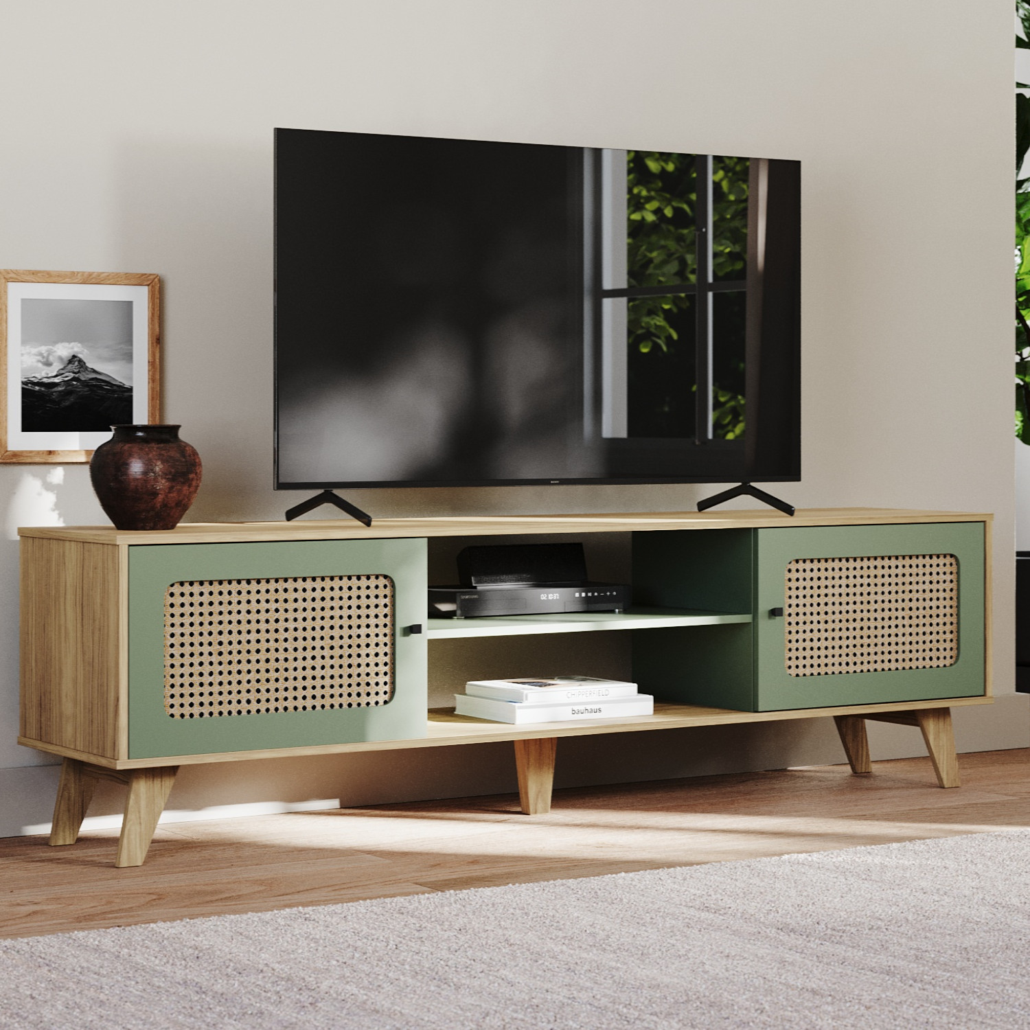 Rack para TV Até 55 Polegadas Erice com 2 Porta e Pés - Carvalho / Menta