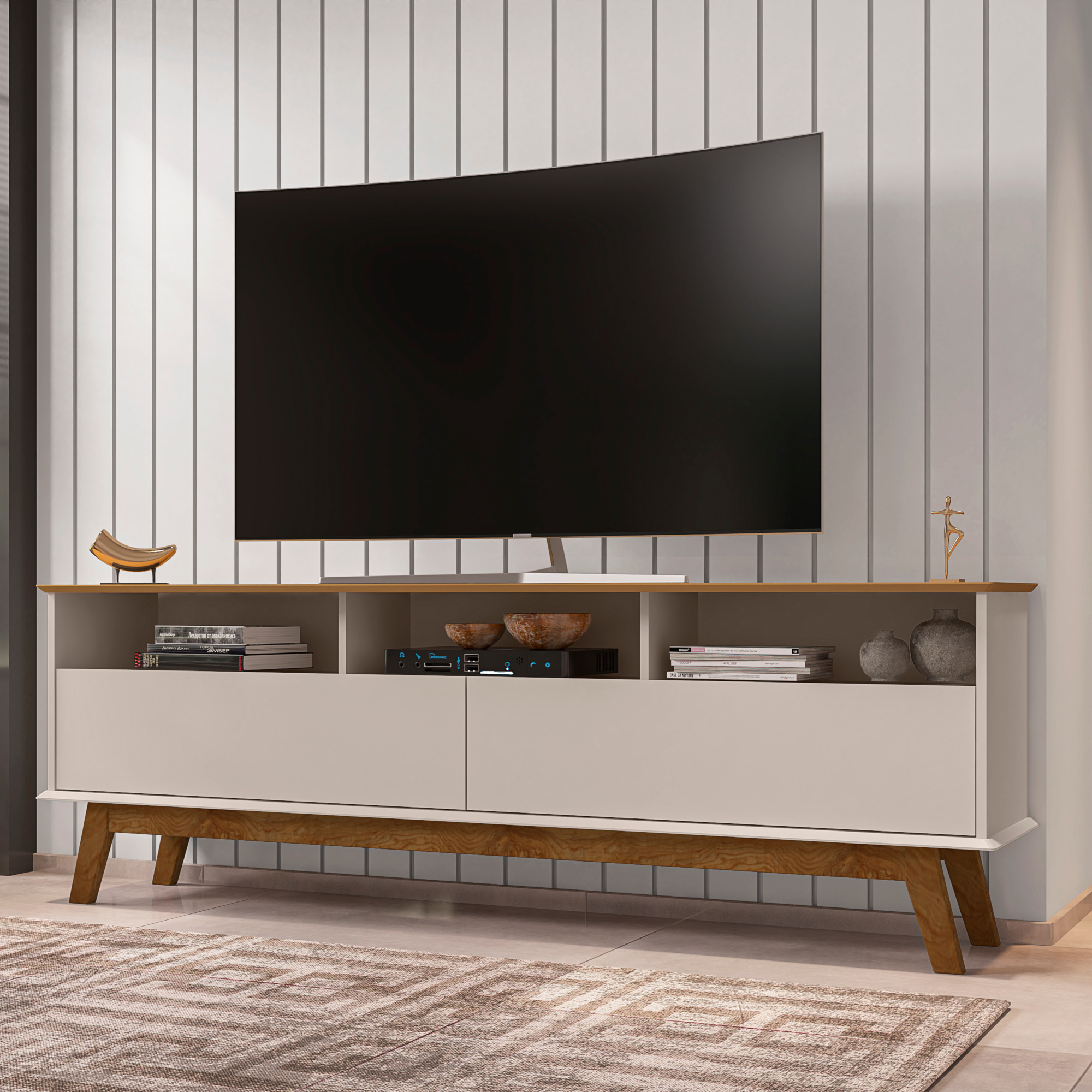 Rack para TV Até 65 Polegadas Ado com 1 Porta e Pés de madeira Babus - Cinamomo / Off White