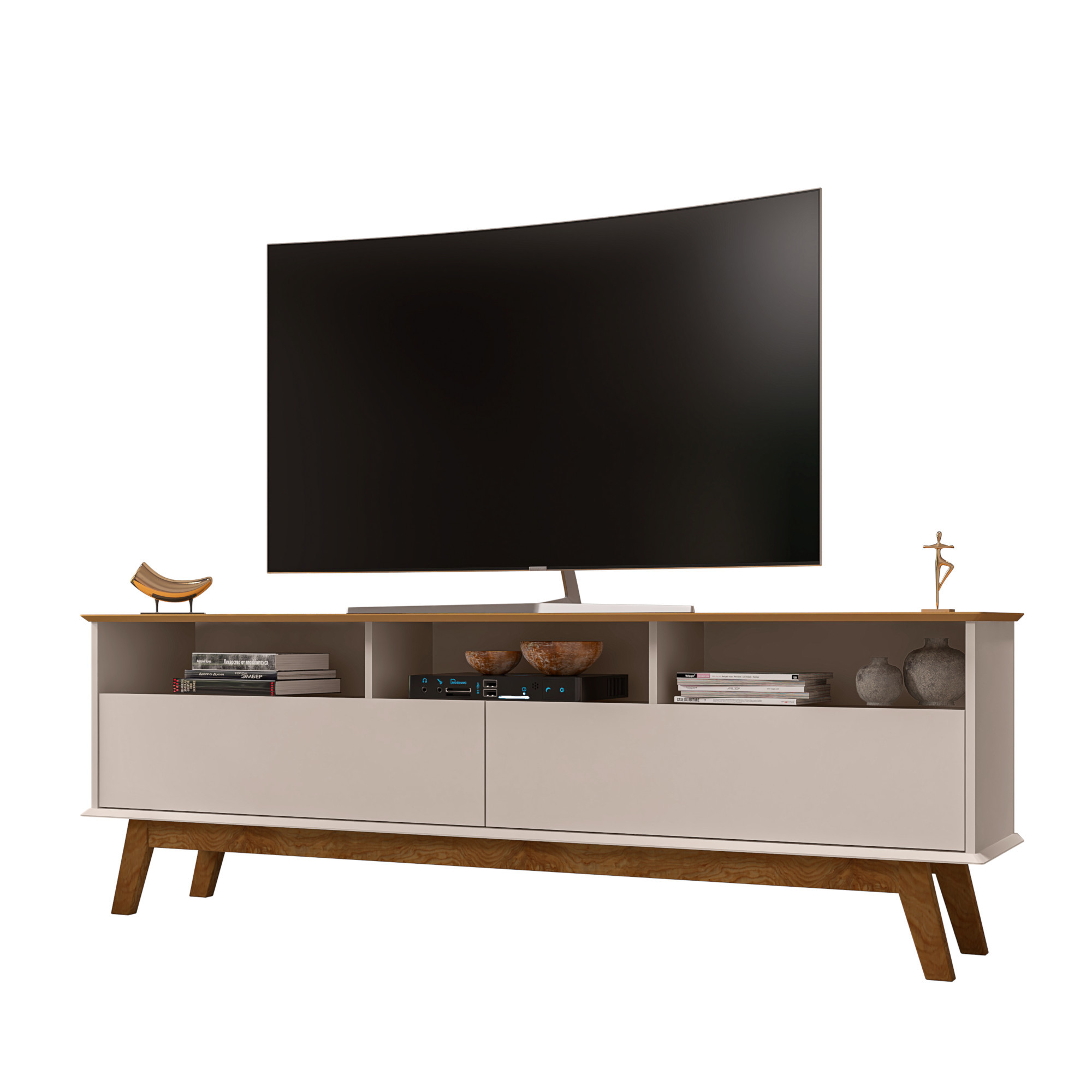 Rack para TV Até 65 Polegadas Ado com 1 Porta e Pés de madeira Babus - Cinamomo / Off White
