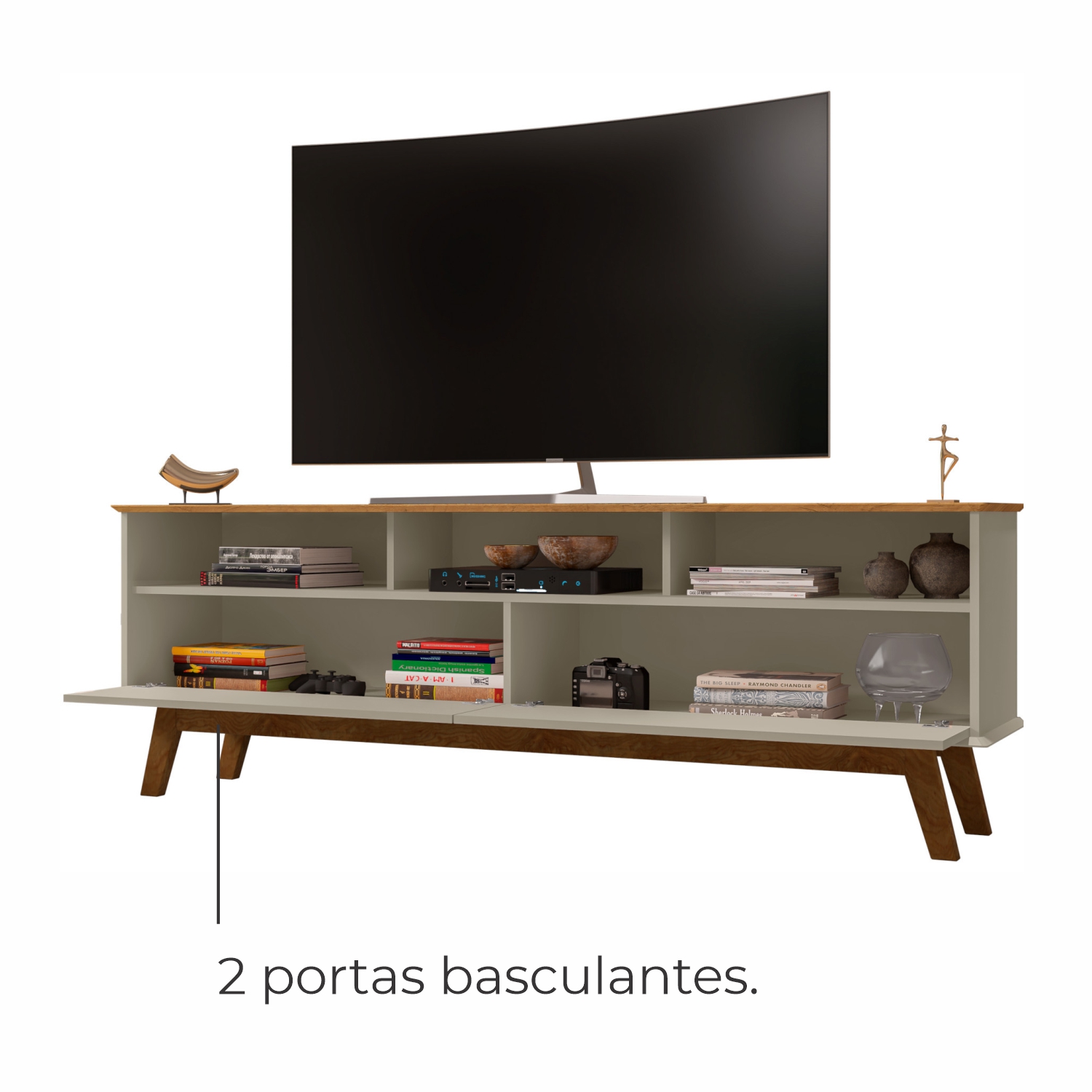 Rack para TV Até 65 Polegadas Ado com 1 Porta e Pés de madeira Babus - Cinamomo / Off White