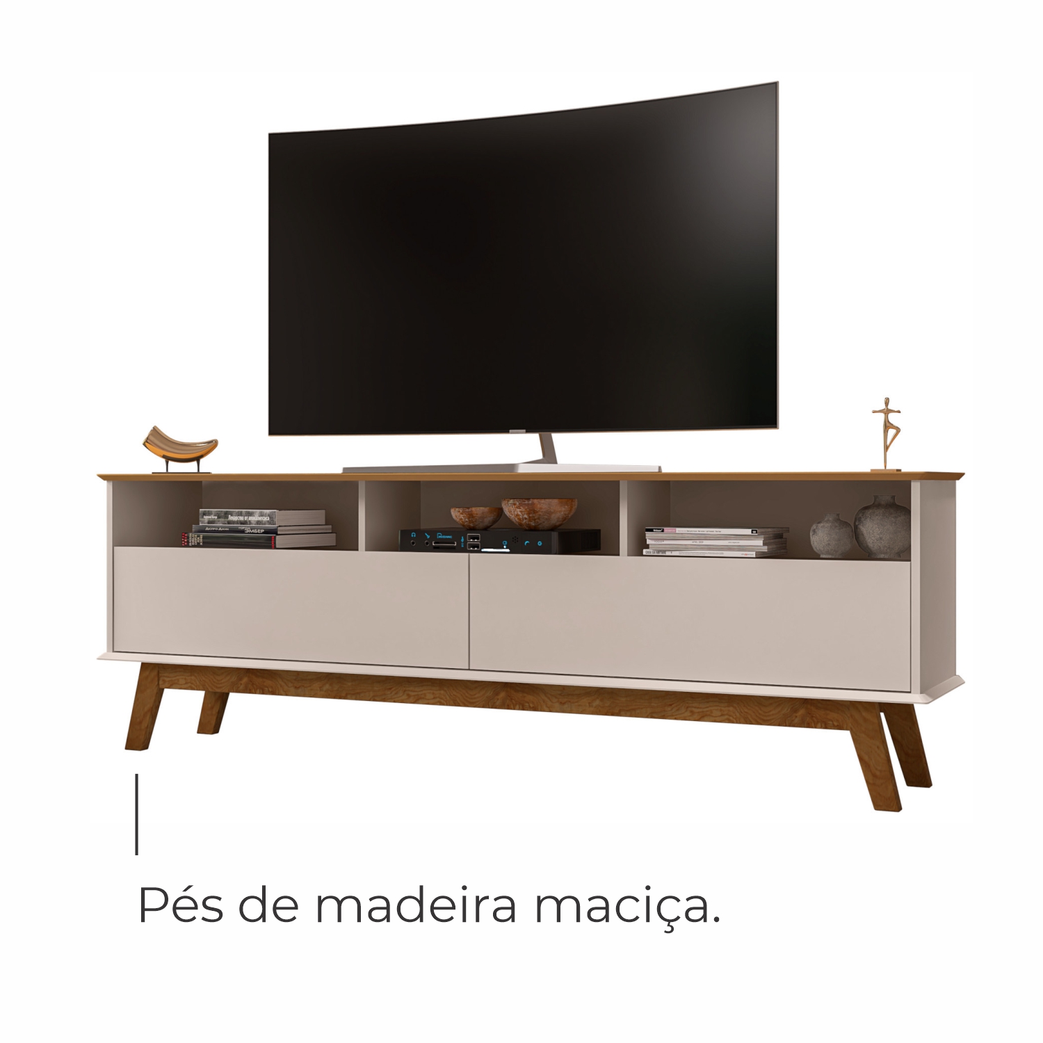 Rack para TV Até 65 Polegadas Ado com 1 Porta e Pés de madeira Babus - Cinamomo / Off White