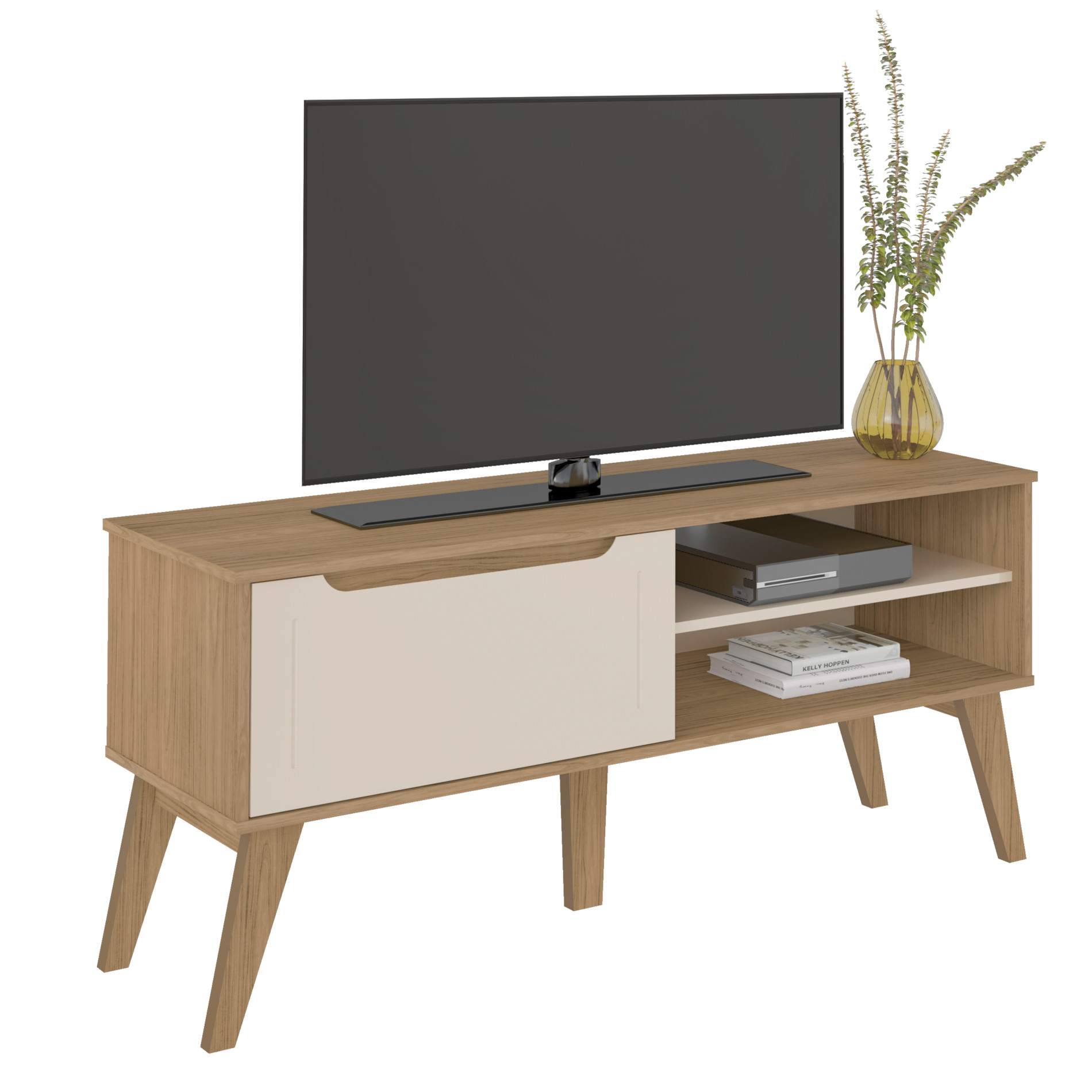 Rack para Tv até 60" 134x50cm Pés em Mdf 1 Porta e 2 Nichos Lotus Artely Carvalho/off White Preto