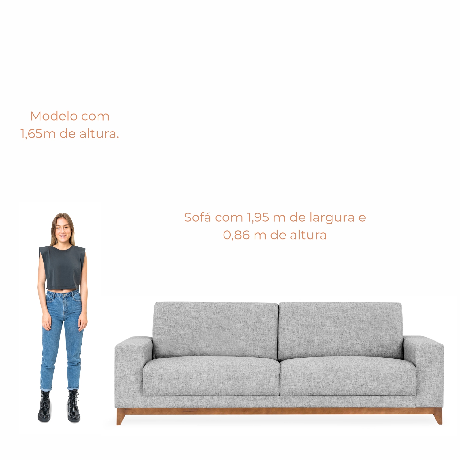 Sofá 3 lugares Téo com 1,95m em Linho e Pés de Madeira - Cinza Escuro