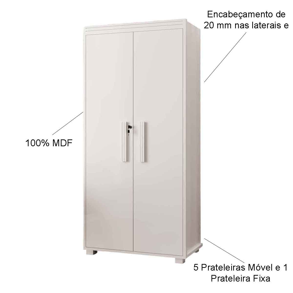 Armário Multiuso 5 Prateleiras 2 Pts c/ Chave 100% MDF Apollo Branco