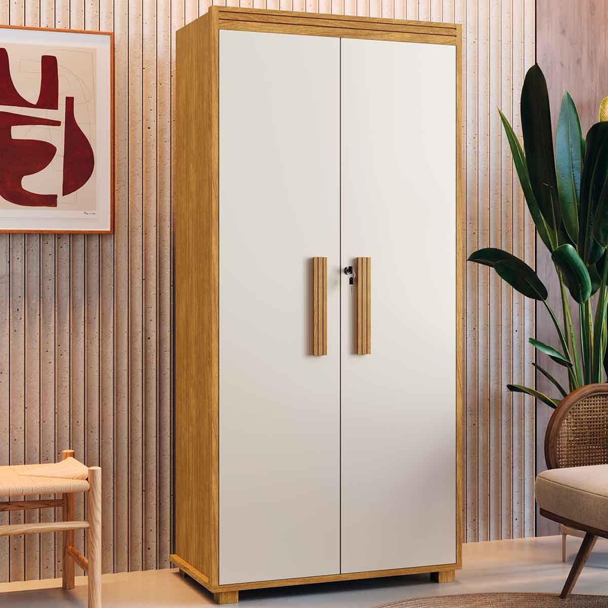 Armário Multiuso 5 Prateleiras 2 Pts c/ Chave 100% MDF Apollo Cinamomo/Off White