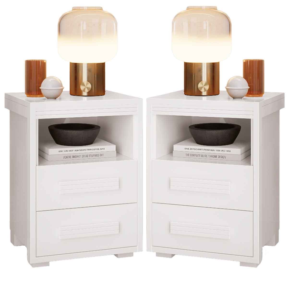 Kit 2 Mesas de Cabeceira Pés Madeira 2 Gavs Tóquio 100% MDF Branco