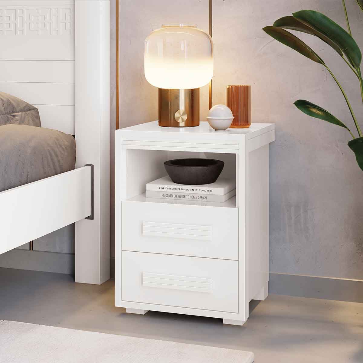 Kit 2 Mesas de Cabeceira Pés Madeira 2 Gavs Tóquio 100% MDF Branco