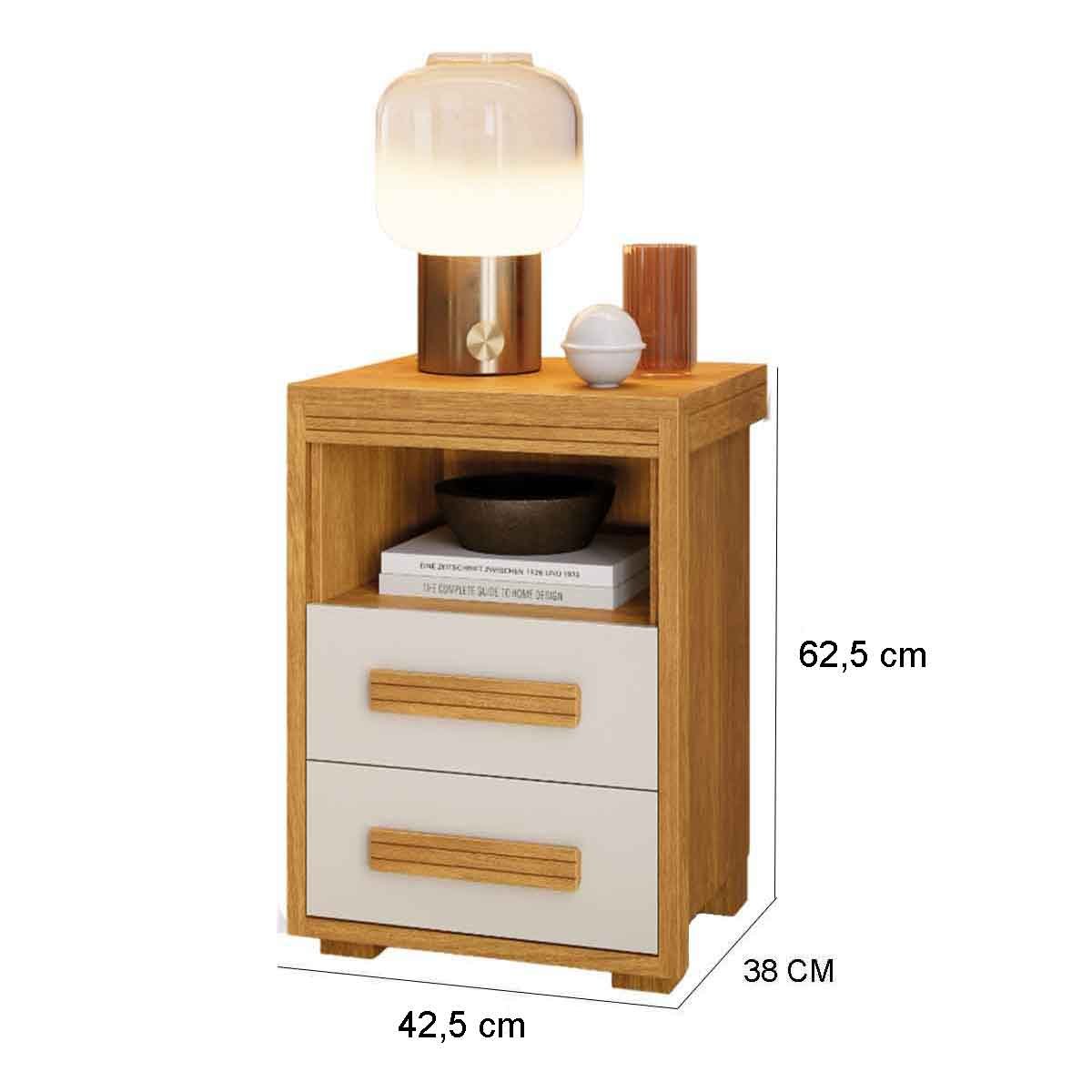 Kit 2 Mesas de Cabeceira Pés Madeira 2 Gavs Tóquio 100% MDF Cinamomo/Off White