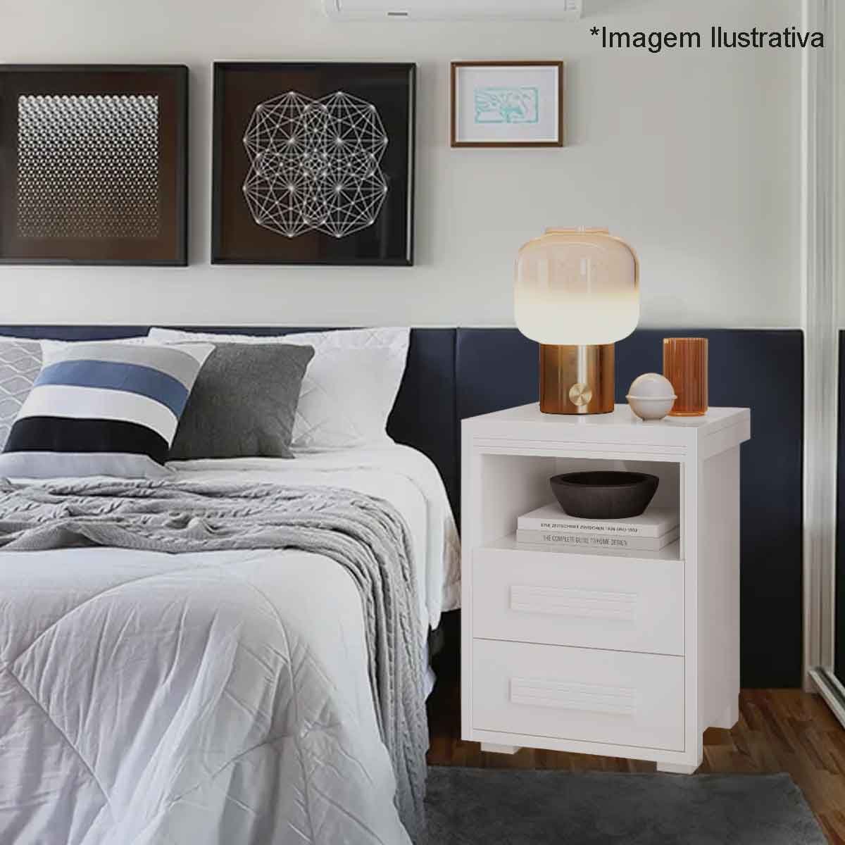Mesa de Cabeceira Pés Madeira 2 Gavetas Tóquio 100% MDF Branco