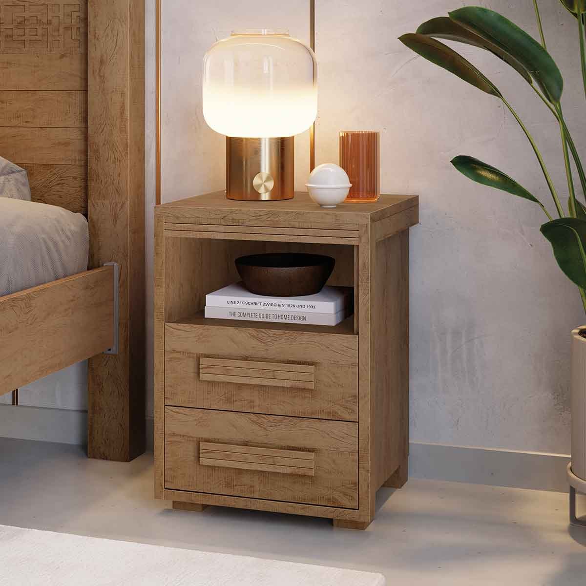 Mesa de Cabeceira Pés Madeira 2 Gavetas Tóquio 100% MDF Castanho