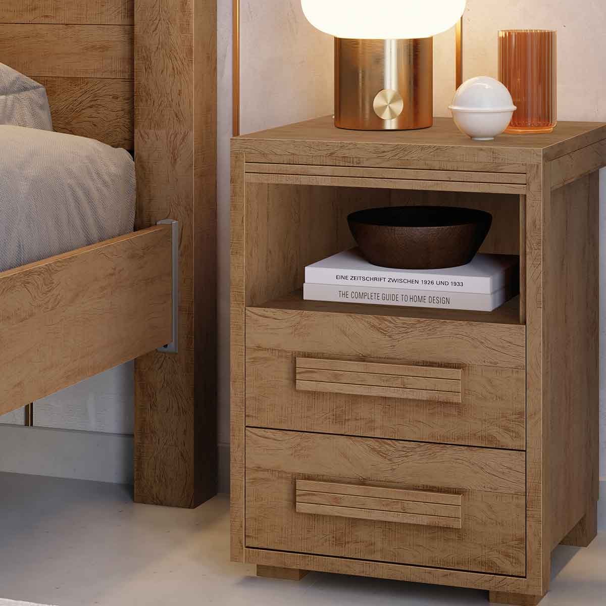 Mesa de Cabeceira Pés Madeira 2 Gavetas Tóquio 100% MDF Castanho