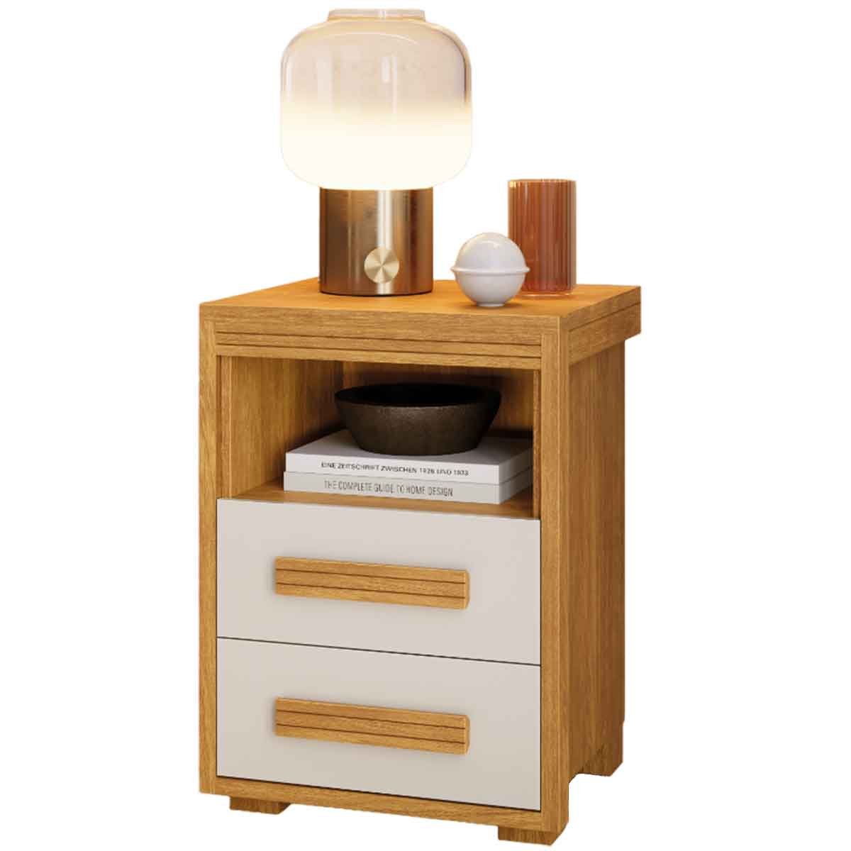 Mesa de Cabeceira Pés Madeira 2 Gavetas Tóquio 100% MDF Cinamomo/Off White
