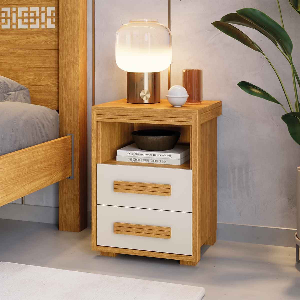 Mesa de Cabeceira Pés Madeira 2 Gavetas Tóquio 100% MDF Cinamomo/Off White