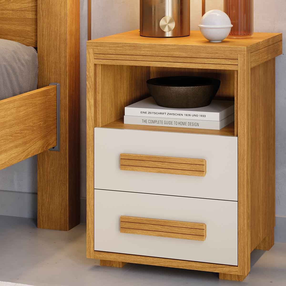 Mesa de Cabeceira Pés Madeira 2 Gavetas Tóquio 100% MDF Cinamomo/Off White