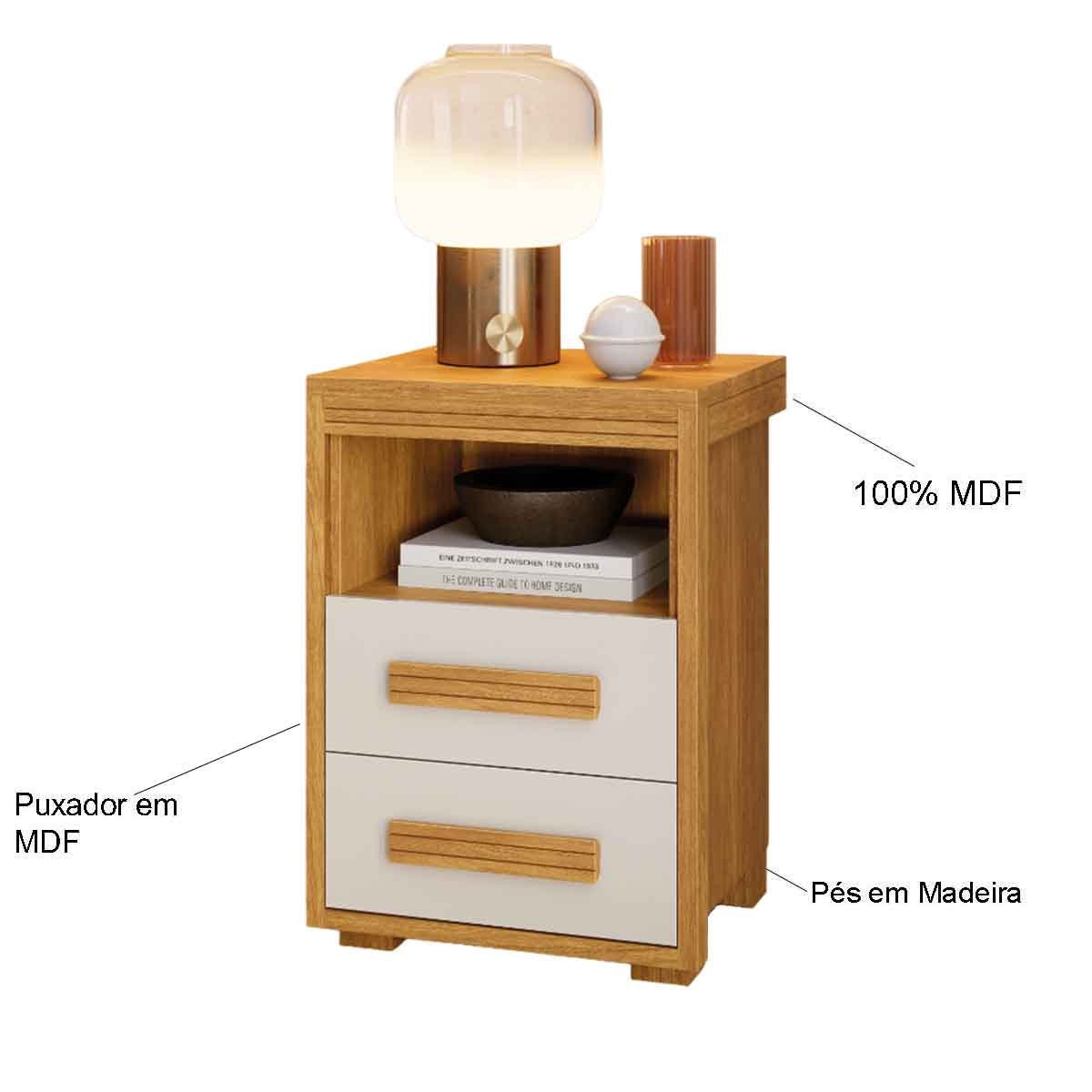 Mesa de Cabeceira Pés Madeira 2 Gavetas Tóquio 100% MDF Cinamomo/Off White