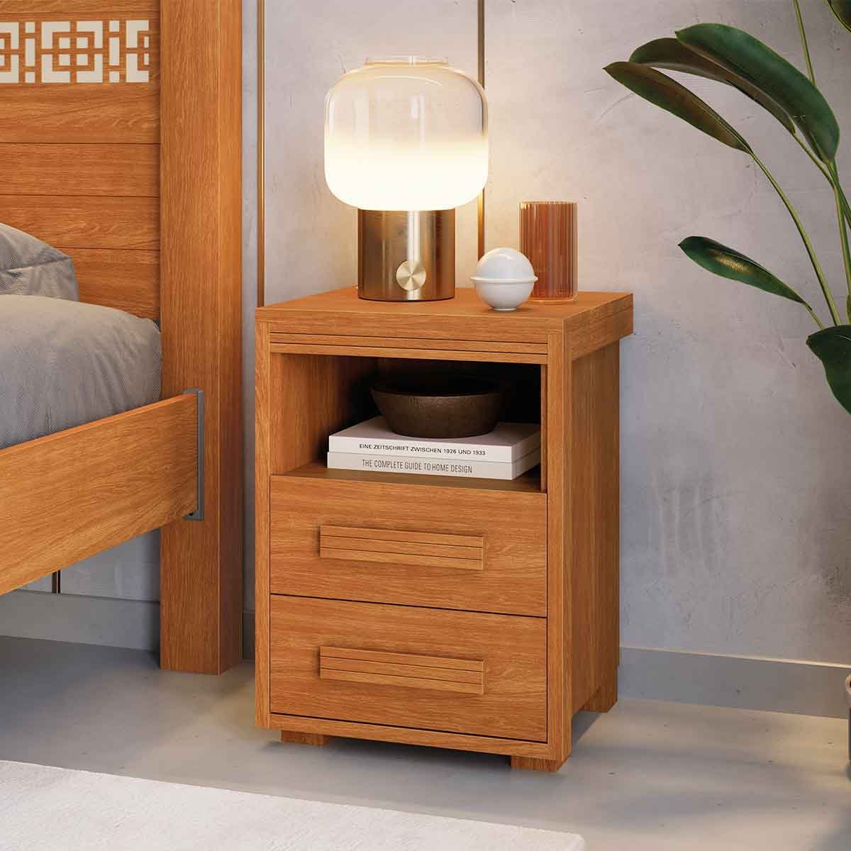 Mesa de Cabeceira Pés Madeira 2 Gavetas Tóquio 100% MDF Nature
