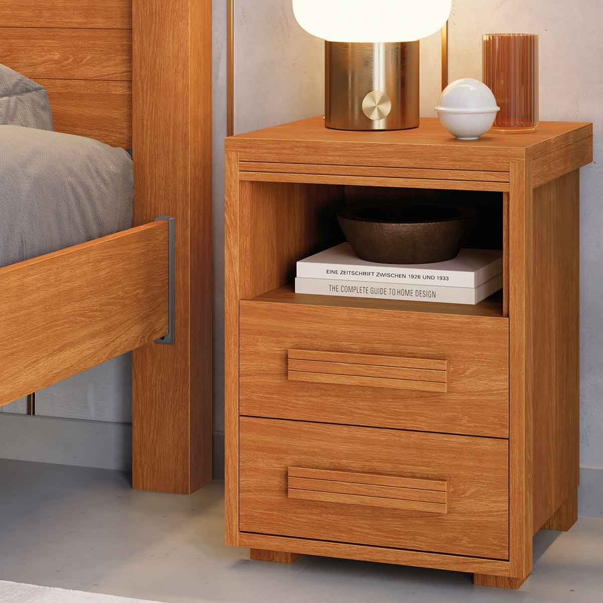 Mesa de Cabeceira Pés Madeira 2 Gavetas Tóquio 100% MDF Nature