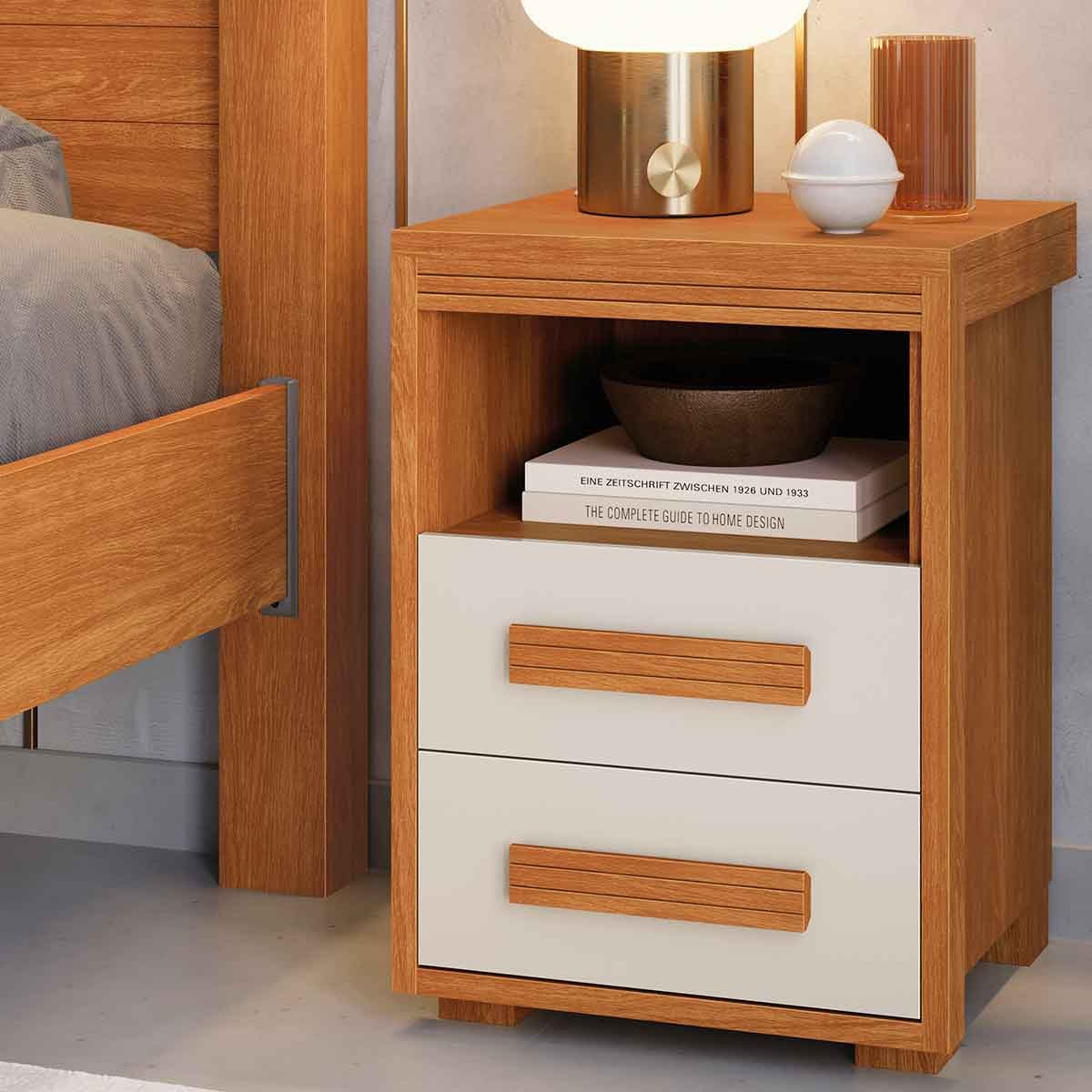 Mesa de Cabeceira Pés Madeira 2 Gavetas Tóquio 100% MDF Nature/Off White