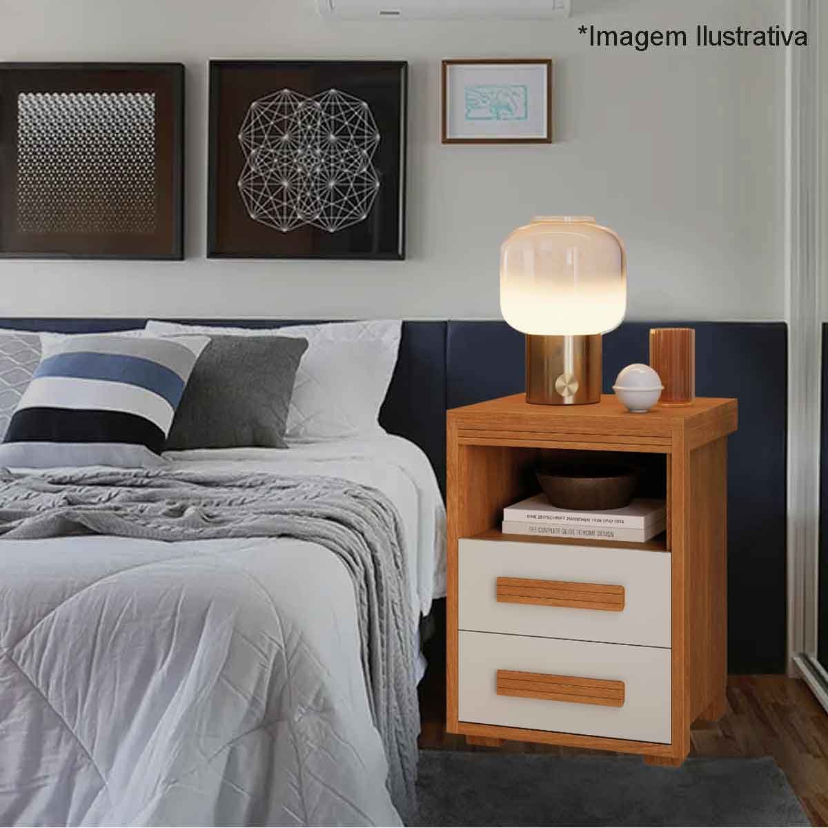 Mesa de Cabeceira Pés Madeira 2 Gavetas Tóquio 100% MDF Nature/Off White
