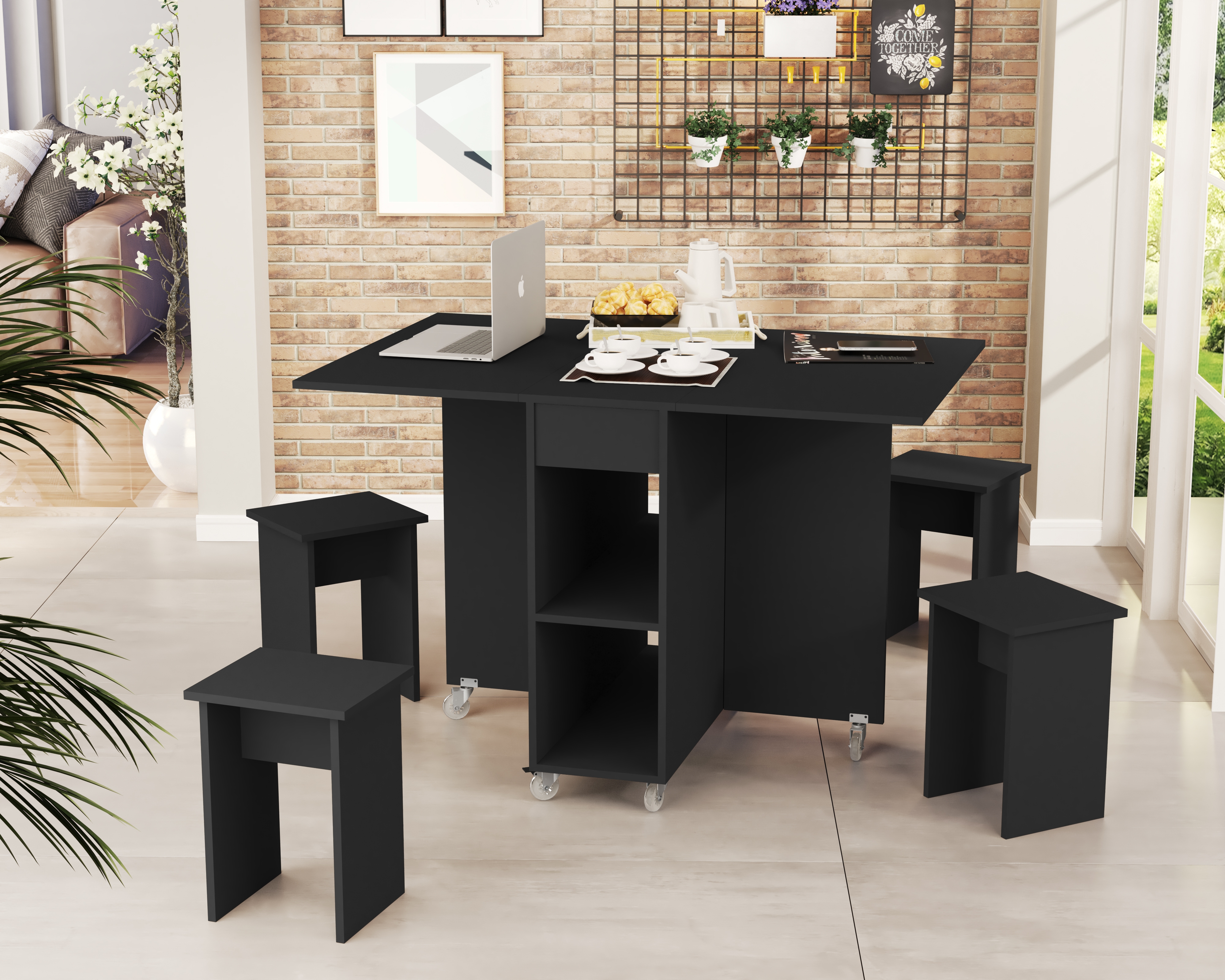 Mesa Bancada Dobrável Carlos com Bancos Preto