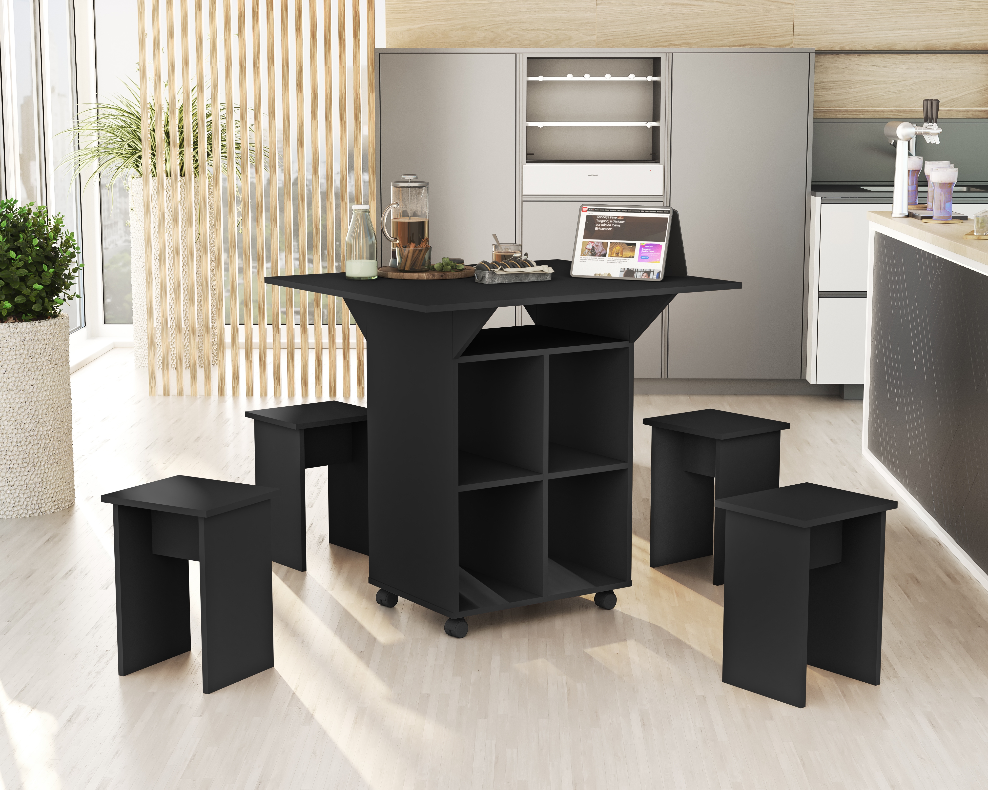 Mesa Dobrável Jeff com Bancos Preto