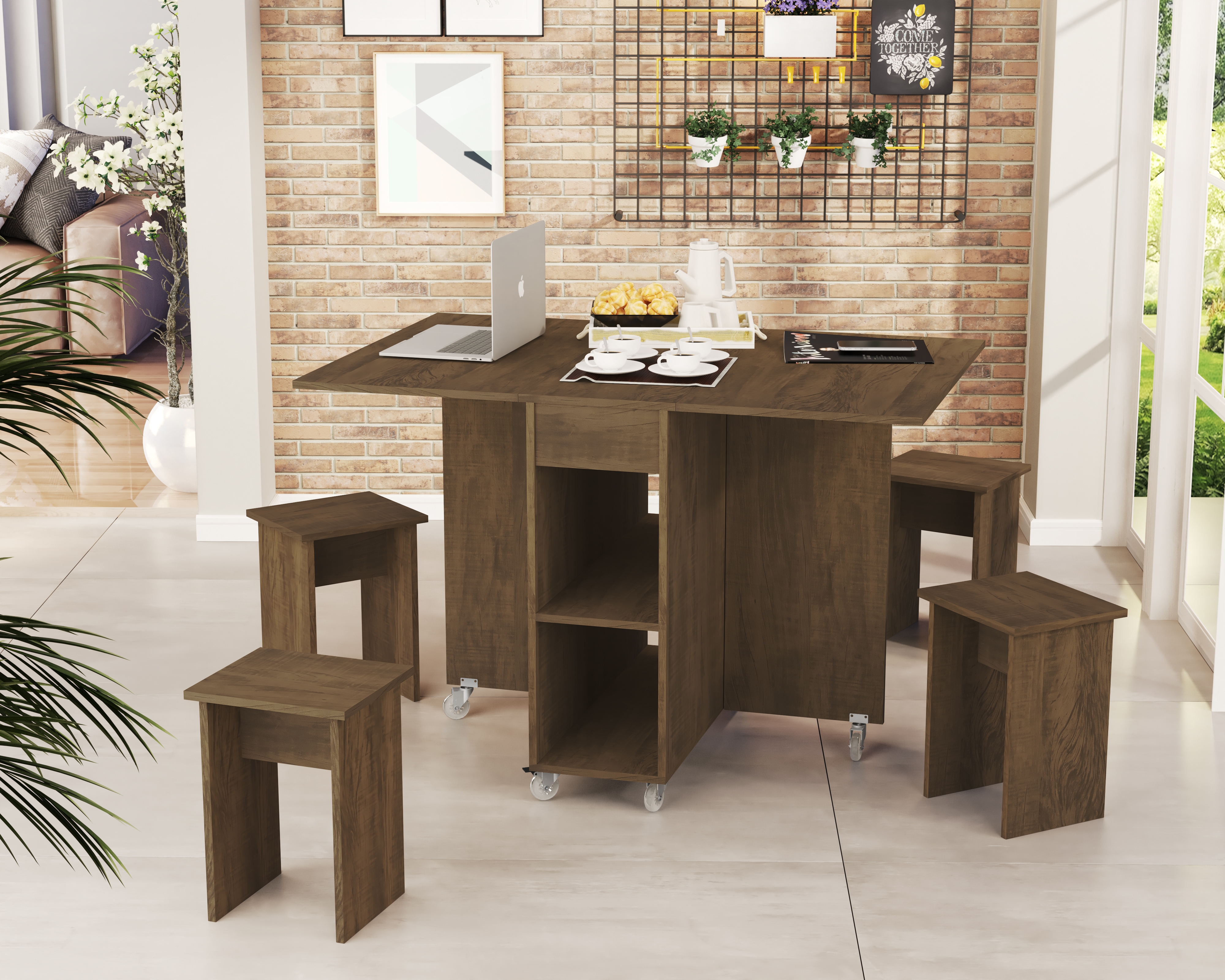 Mesa Retrátil com Banquetas Castanho