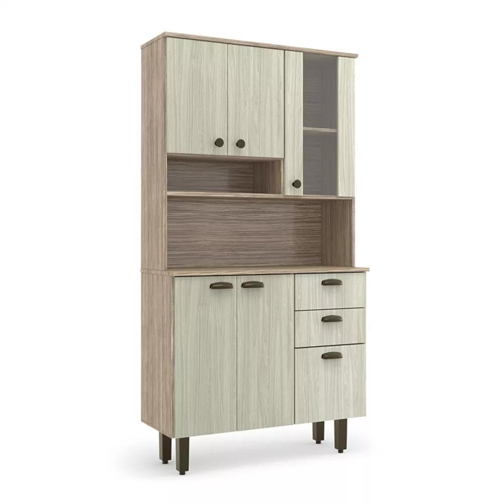 Kit De Cozinha 6 Portas 2 Gavetas Marrom Armário Moderno Espaçoso Com Cristaleira Luxo 6p