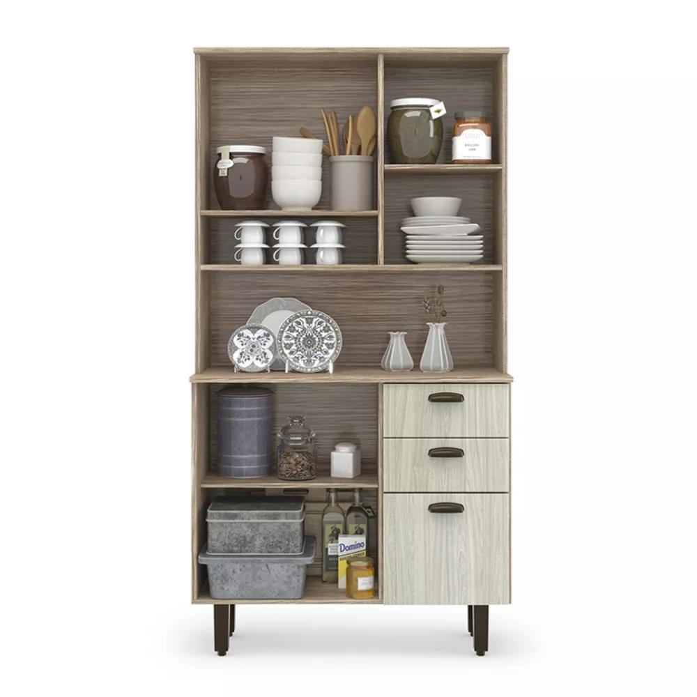Kit De Cozinha 6 Portas 2 Gavetas Marrom Armário Moderno Espaçoso Com Cristaleira Luxo 6p