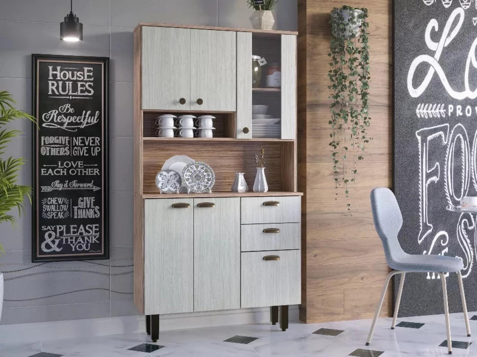 Kit De Cozinha 6 Portas 2 Gavetas Marrom Armário Moderno Espaçoso Com Cristaleira Luxo 6p
