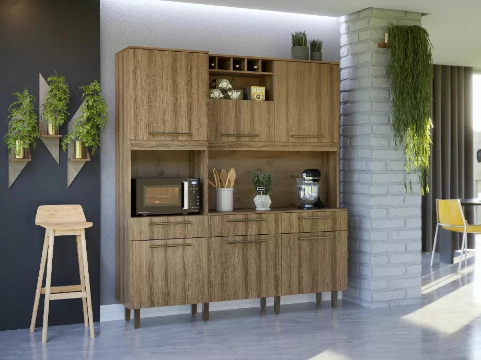Kit De Cozinha Armário Grande Espaçoso Com 6 Portas 3 Gavetas Com Nicho Para Vinho Luxo Vz