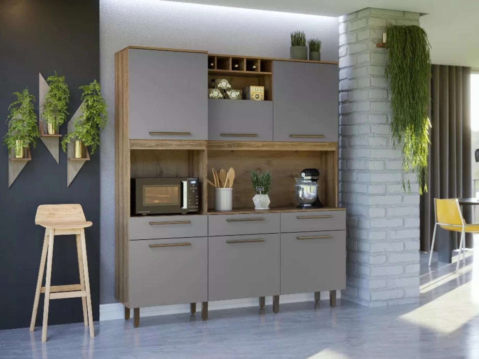 Kit De Cozinha Armário Grande Espaçoso Com 6 Portas 3 Gavetas Com Nicho Para Vinho Luxo Vz