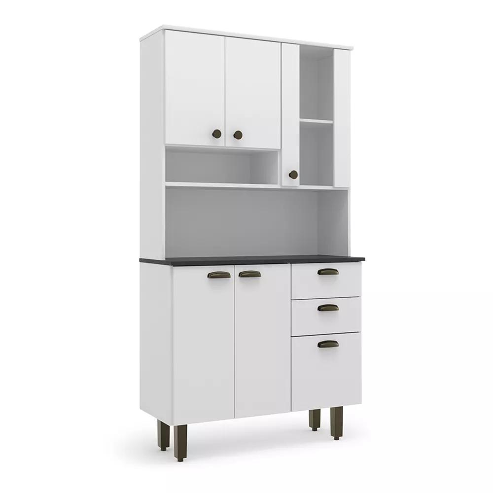Kit De Cozinha Branco Com 6 Portas 2 Gavetas Armário Moderno Espaçoso Com Cristaleira Luxo 6p