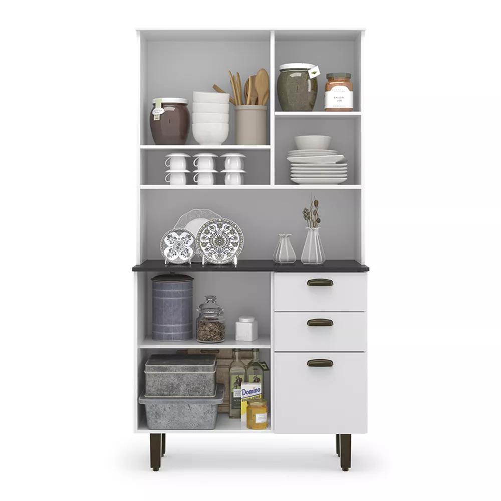 Kit De Cozinha Branco Com 6 Portas 2 Gavetas Armário Moderno Espaçoso Com Cristaleira Luxo 6p