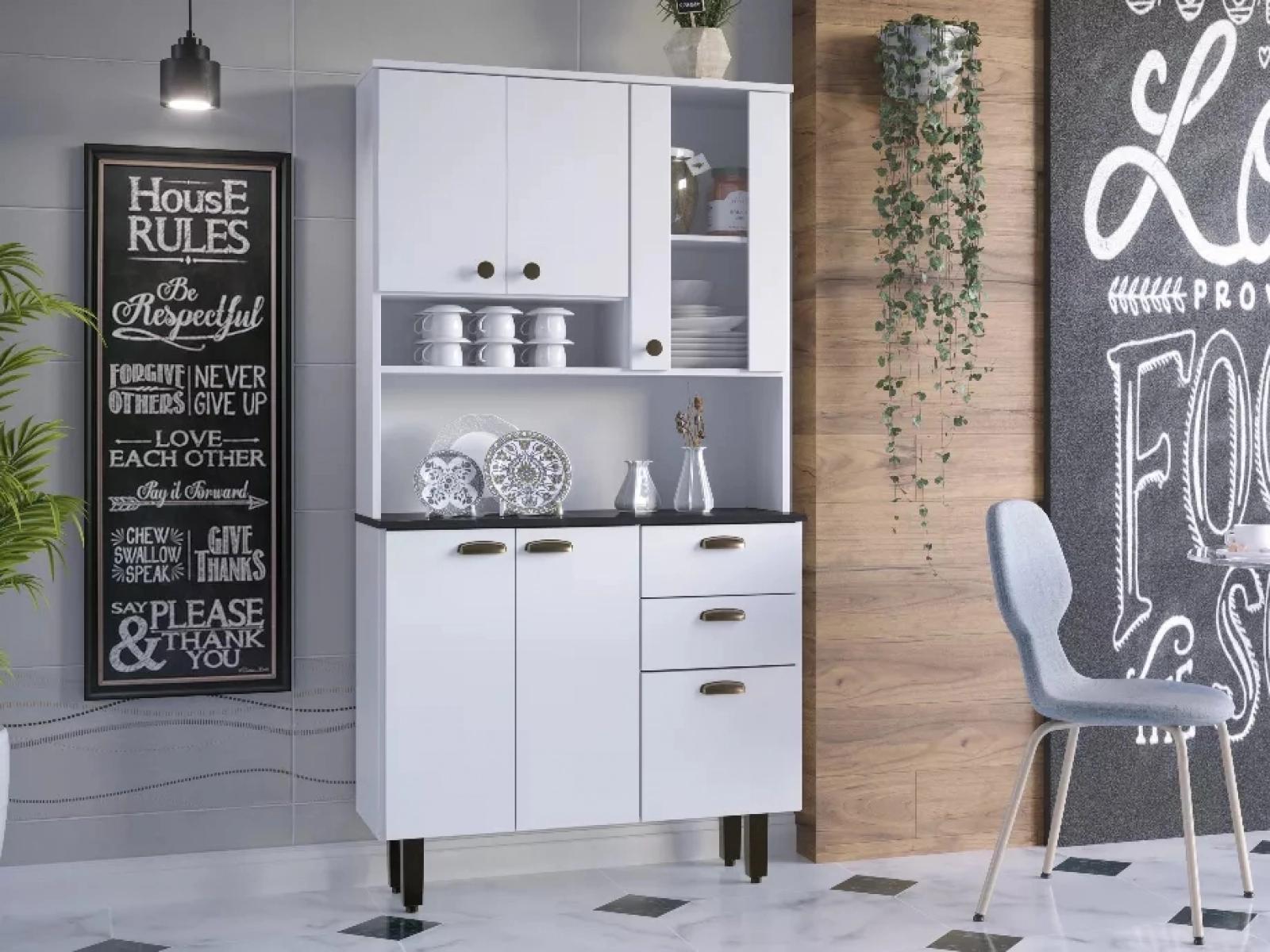 Kit De Cozinha Branco Com 6 Portas 2 Gavetas Armário Moderno Espaçoso Com Cristaleira Luxo 6p