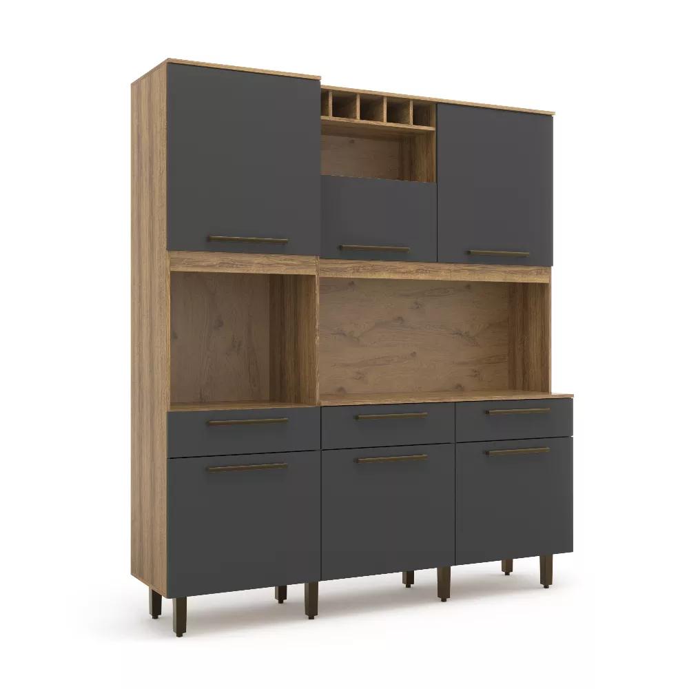 Kit De Cozinha Grafite Armário Grande Espaçoso Com 6 Portas 3 Gavetas Com Nicho Para Vinho Luxo Vz