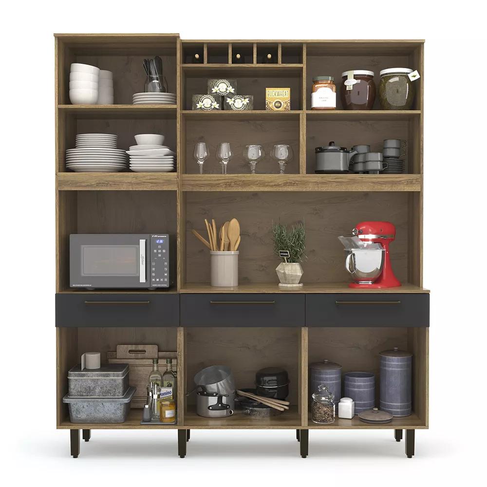 Kit De Cozinha Grafite Armário Grande Espaçoso Com 6 Portas 3 Gavetas Com Nicho Para Vinho Luxo Vz