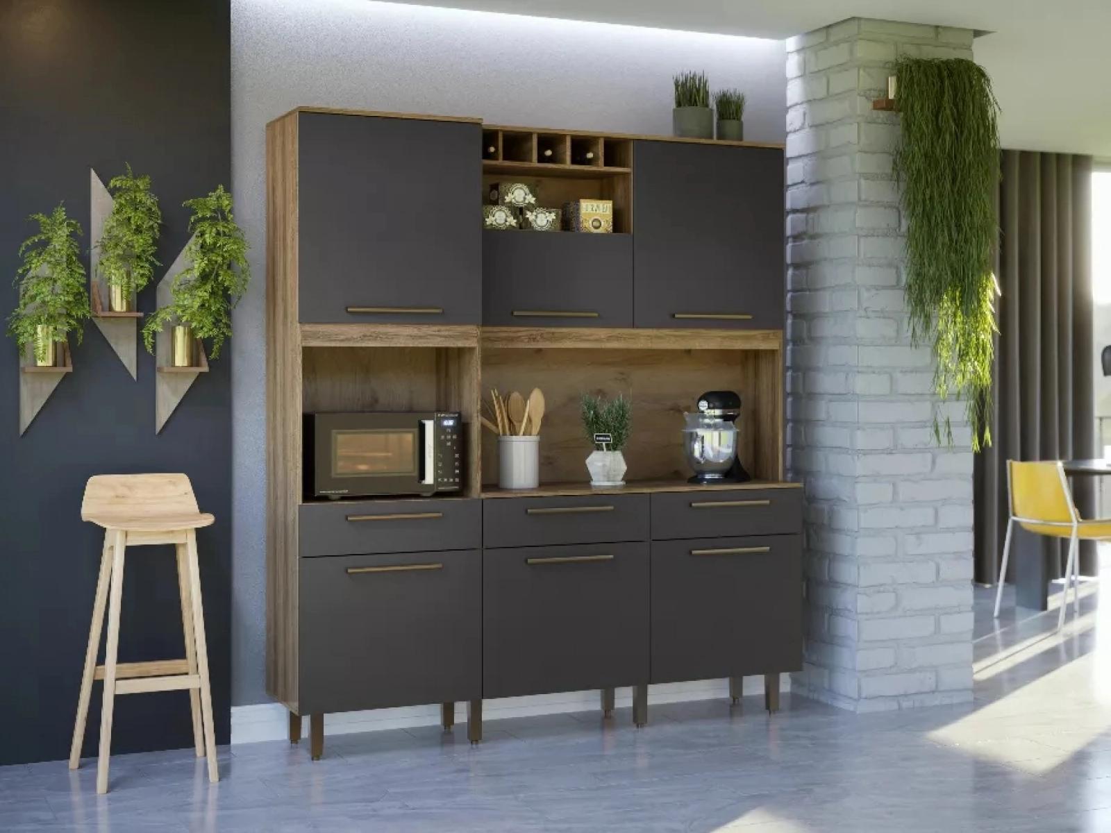 Kit De Cozinha Grafite Armário Grande Espaçoso Com 6 Portas 3 Gavetas Com Nicho Para Vinho Luxo Vz