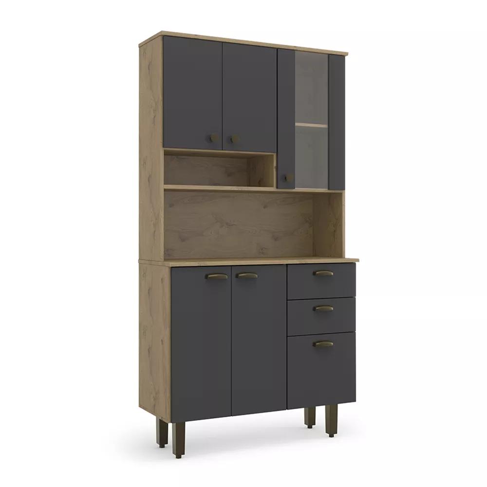 Kit De Cozinha Grafite Com 6 Portas 2 Gavetas Armário Moderno Espaçoso Com Cristaleira Luxo 6p