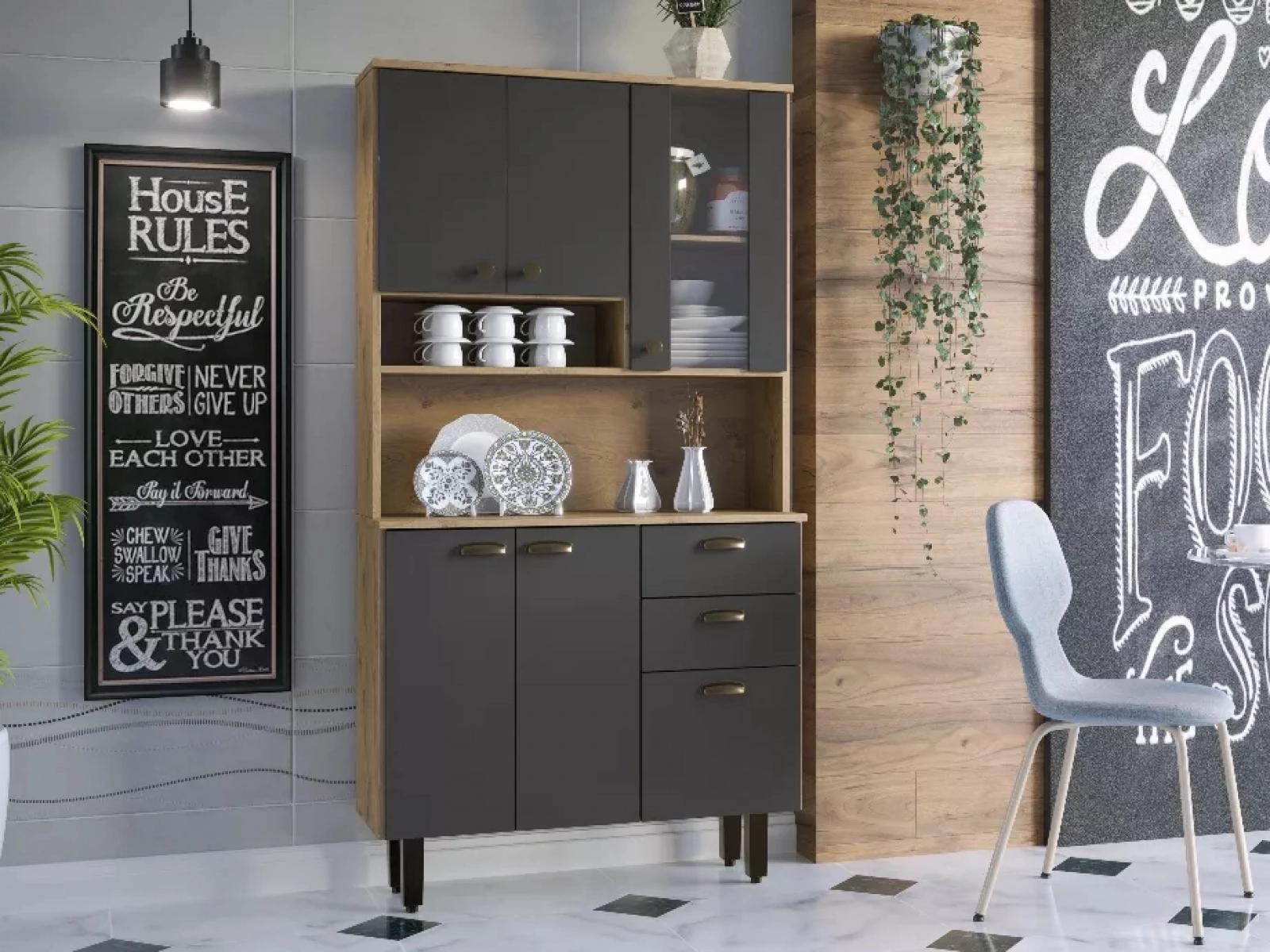 Kit De Cozinha Grafite Com 6 Portas 2 Gavetas Armário Moderno Espaçoso Com Cristaleira Luxo 6p