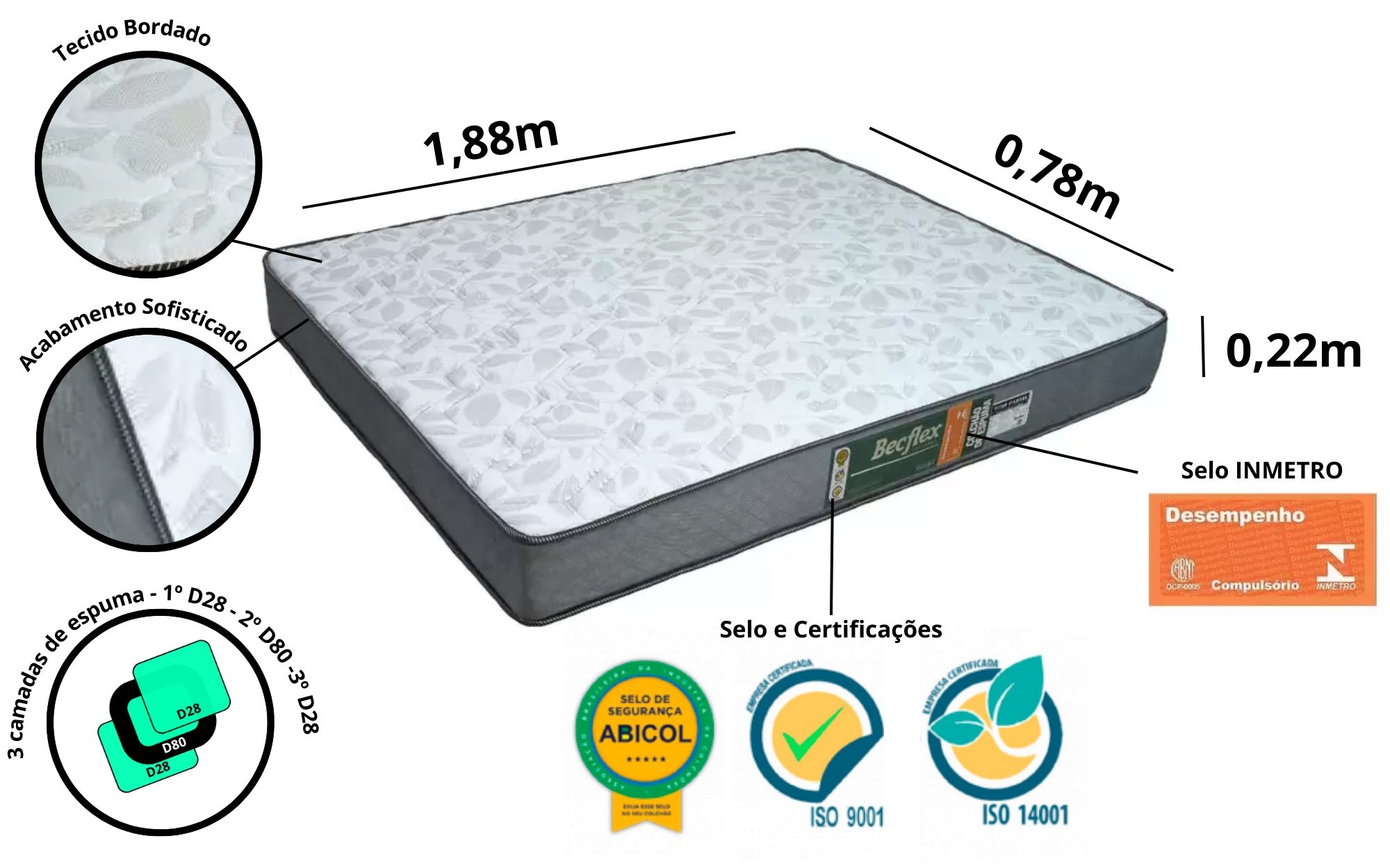 Colchão Espuma Becflex Titan Diamond Solteiro 78 cm Firme