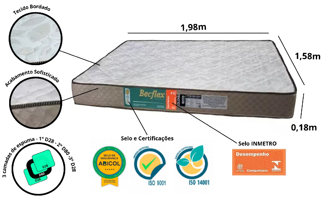 Colchão Espuma Becflex Titan Mag Gold Queen 1,58 m Firme