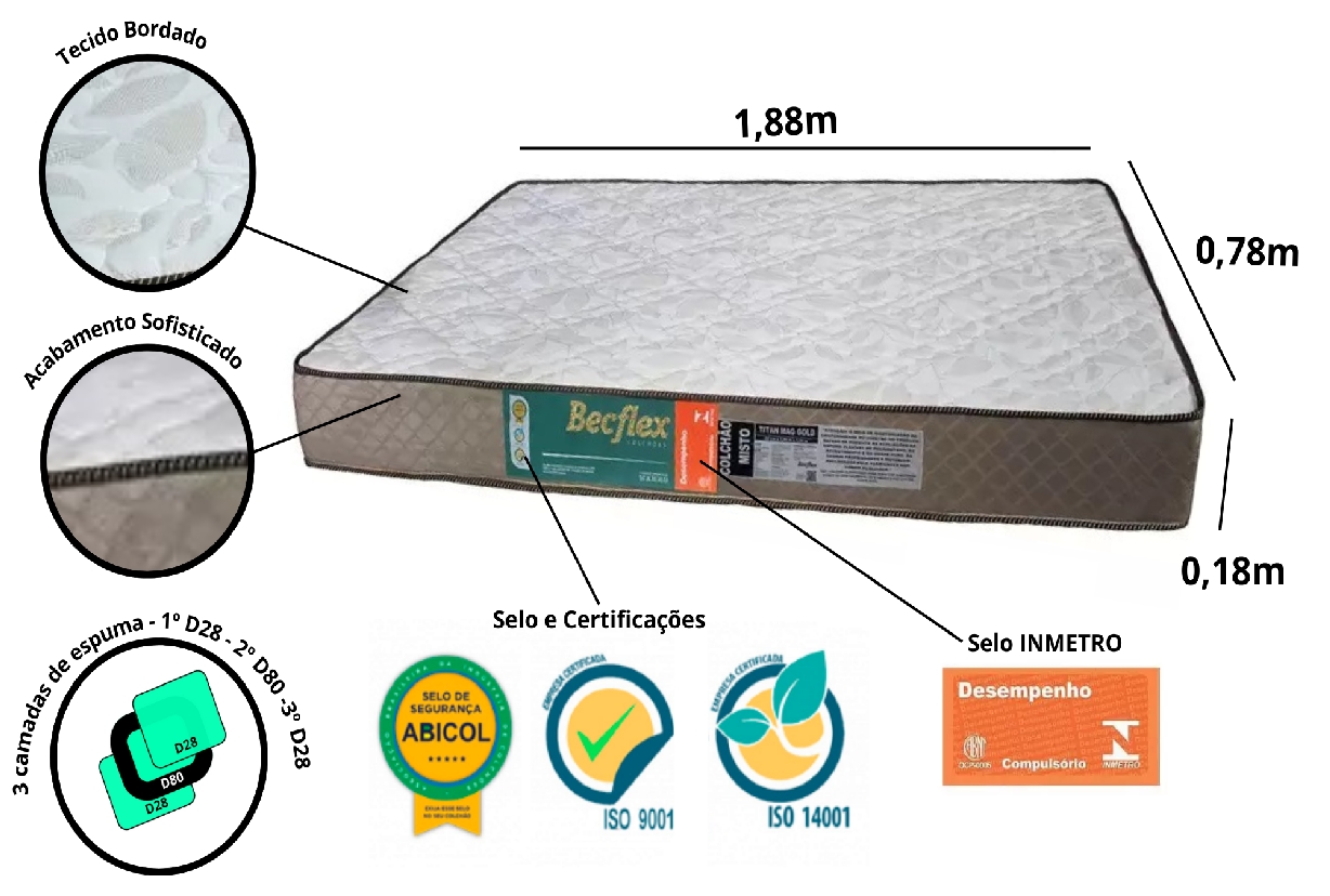 Colchão Espuma Becflex Titan Mag Gold Solteiro 0,78 cm Firme