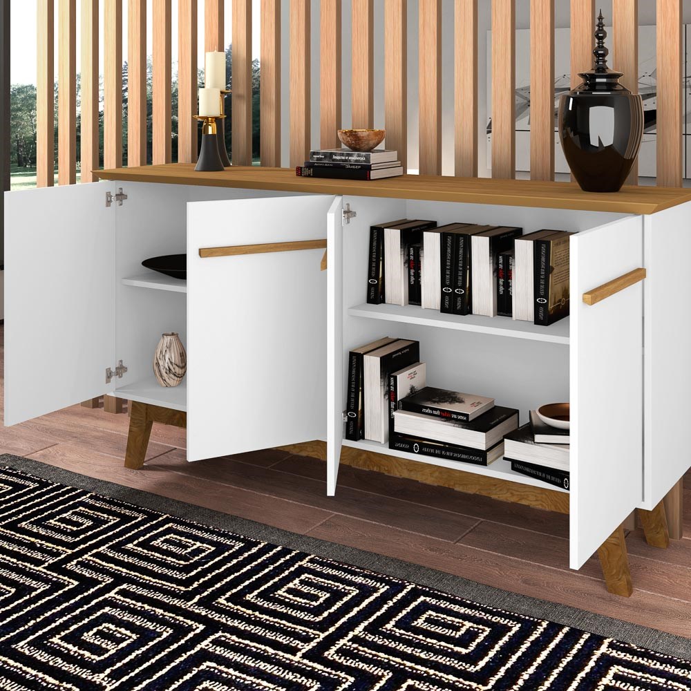 Balcão Aparador Buffet Opala 3 Portas Madeira Cinamomo/Branco - Bechara