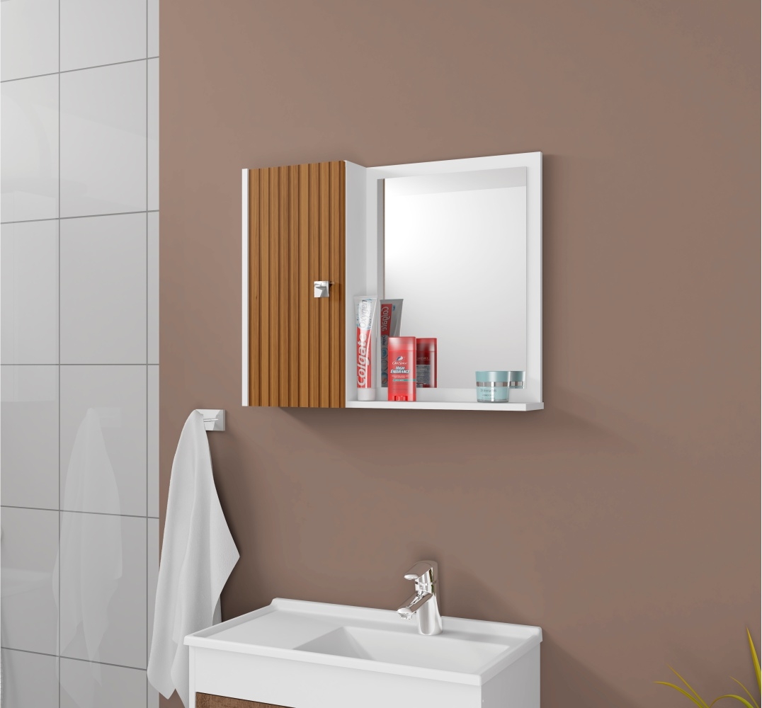 Espelheira para Banheiro 1 Porta Acre Branco Efeito Ripado