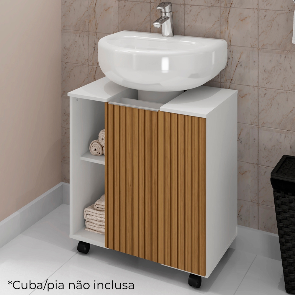 Gabinete Banheiro Pia de Coluna Pequin 56 cm Branco Ripado BECHARA