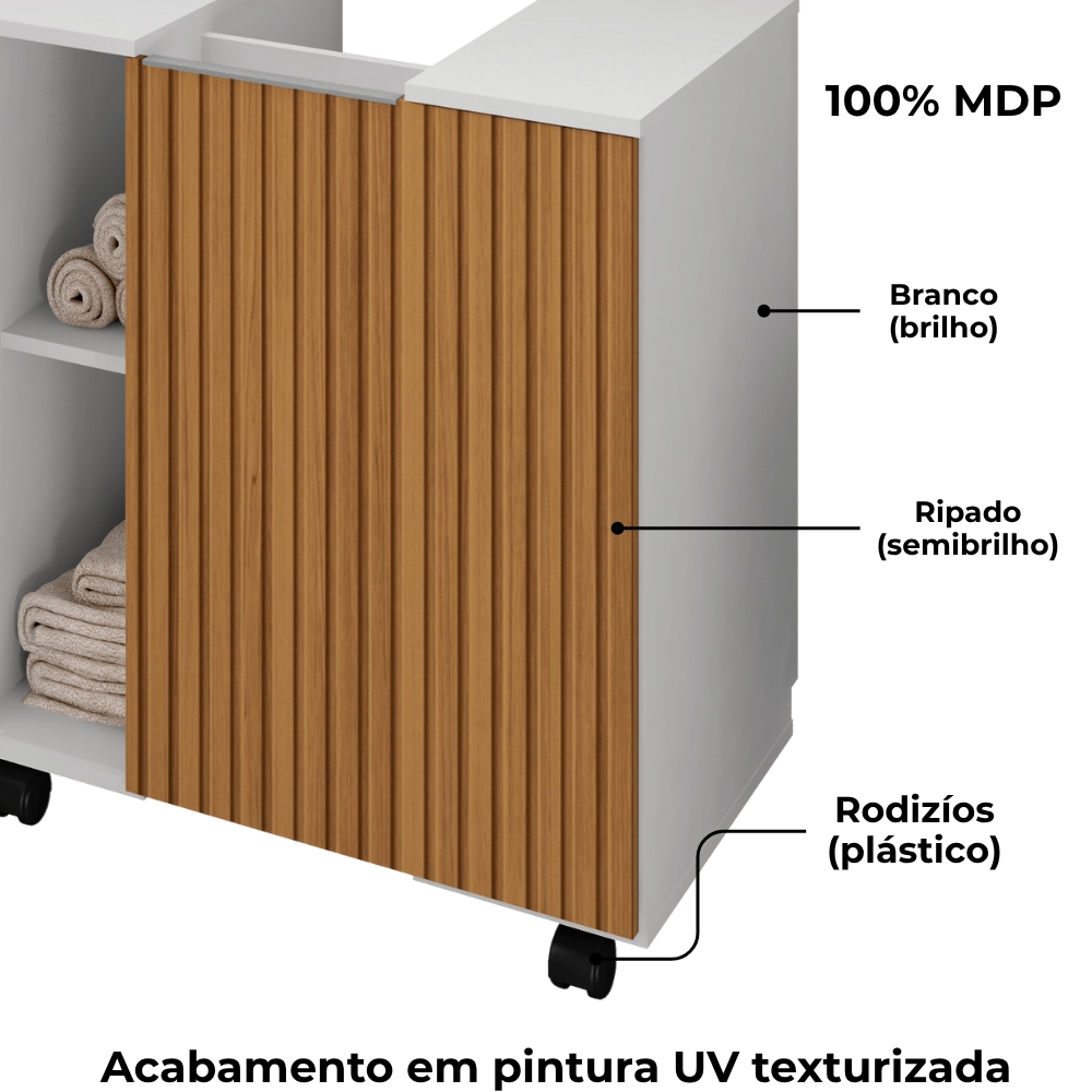 Gabinete Banheiro Pia de Coluna Pequin 56 cm Branco Ripado BECHARA