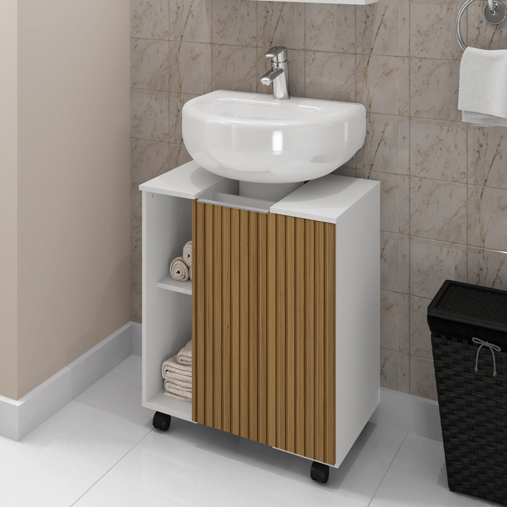 Gabinete Banheiro Pia de Coluna Pequin 56 cm Branco Ripado BECHARA