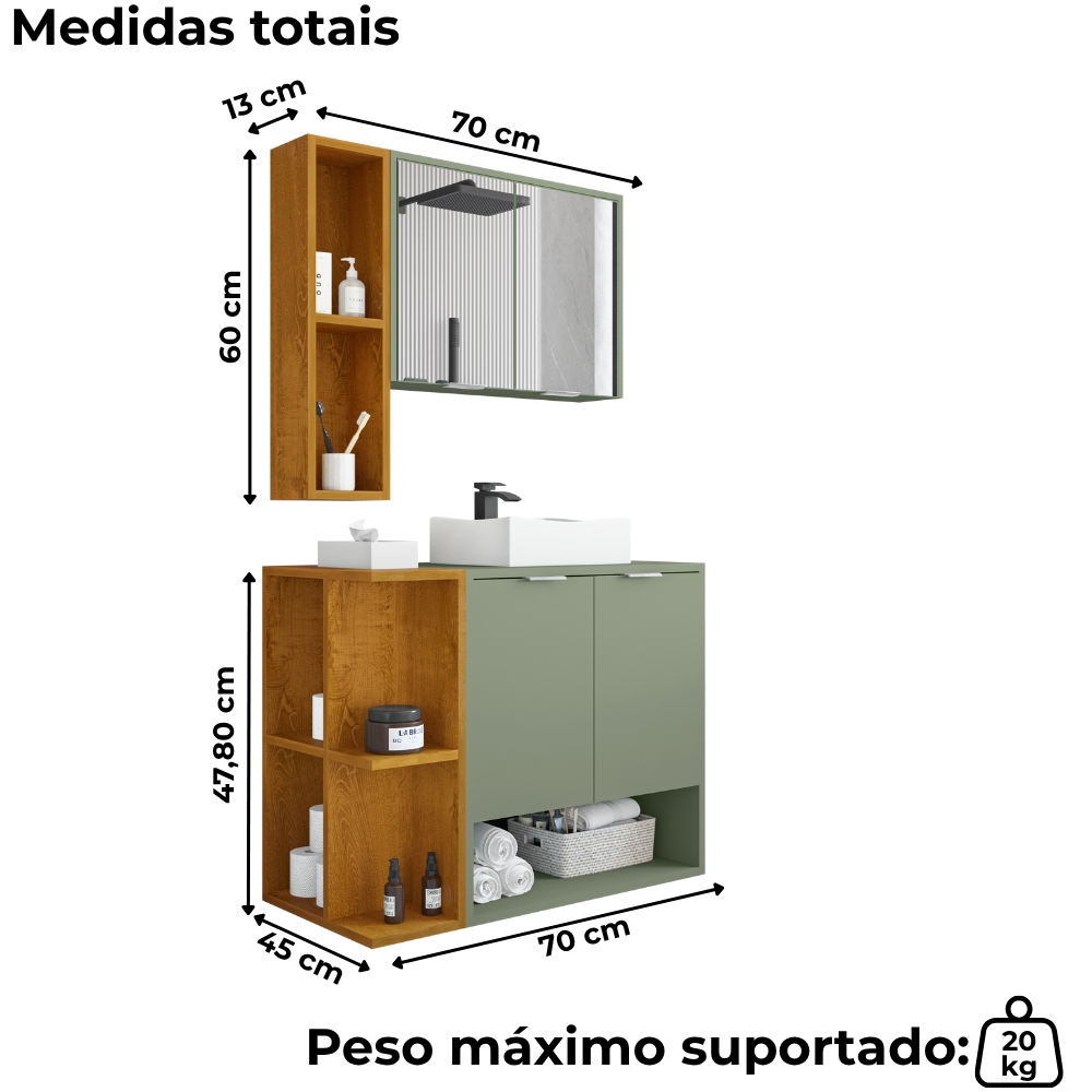 Gabinete Espelheira E Cuba Branca 70 cm Ibiza Pistache Naturalle BECHARA
