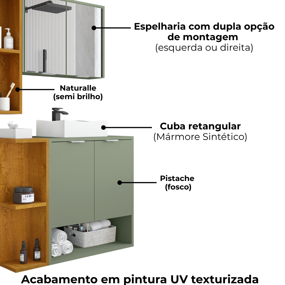Gabinete Espelheira E Cuba Branca 70 cm Ibiza Pistache Naturalle BECHARA